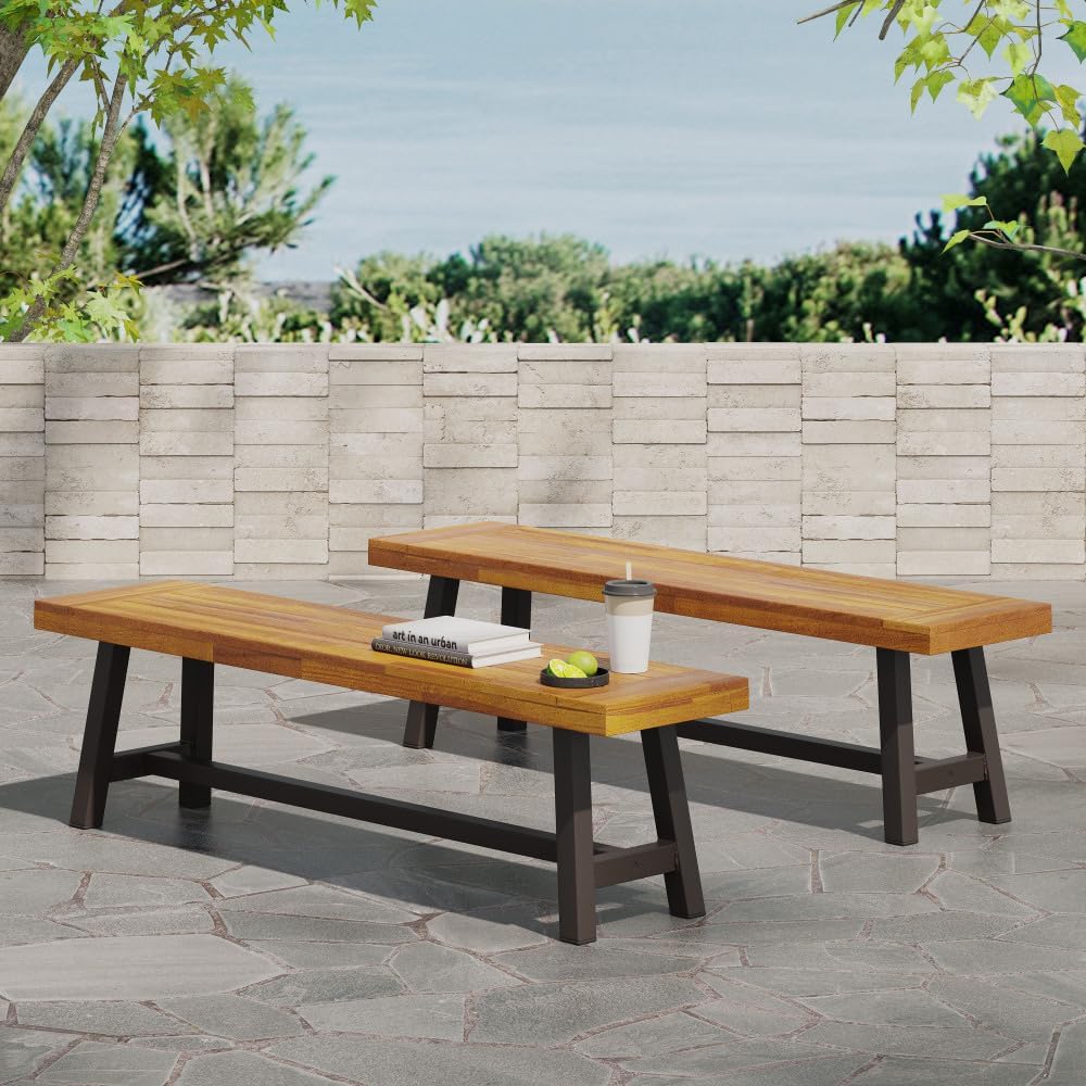 Saiveina Outdoor Carlisle Benches, Sandblasted Brown + Rustic Metal (Set of 2)