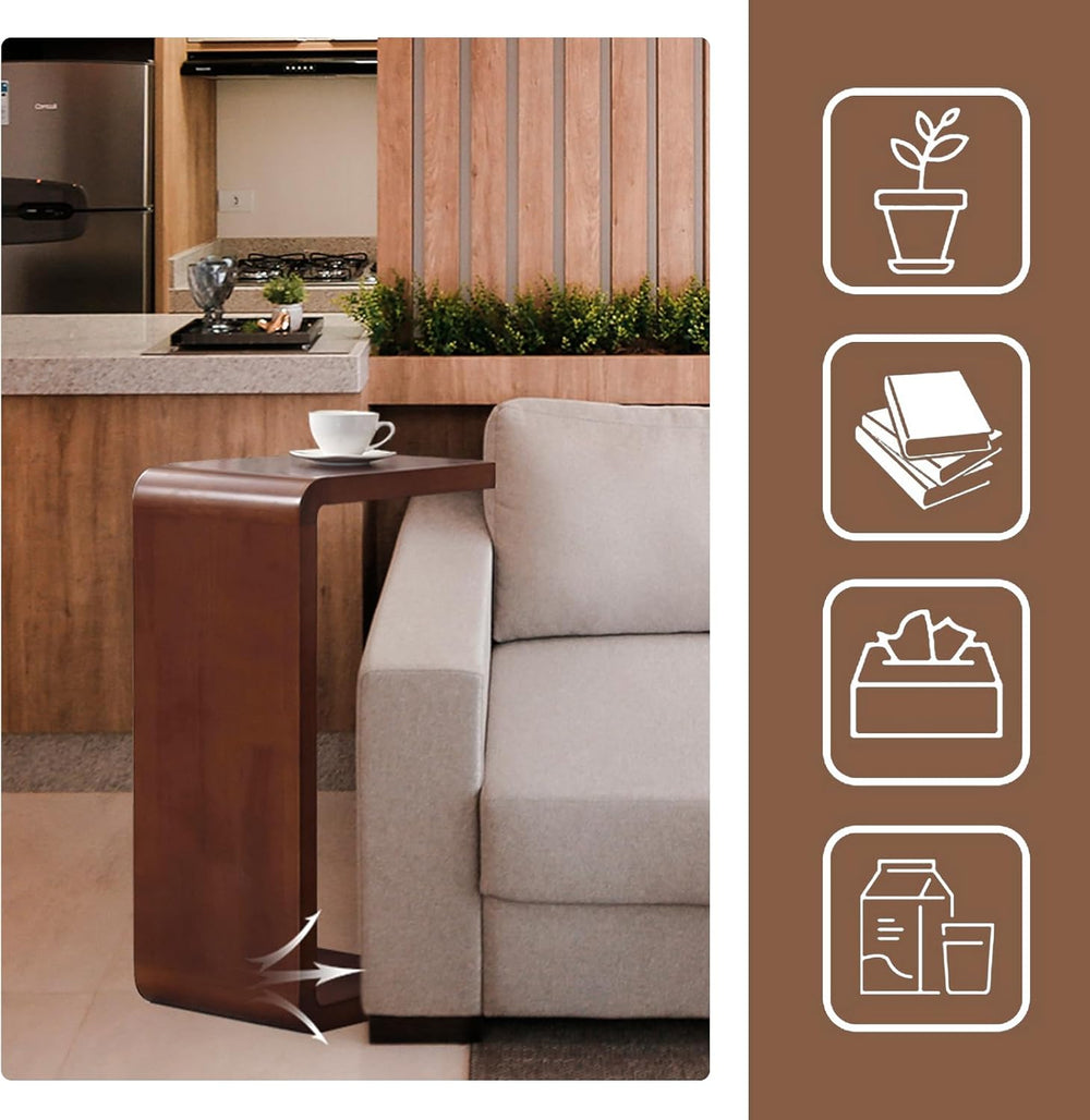 Solid Wood End Table for Couch, C Shaped Mini Sofa Side Table for Small Narro...