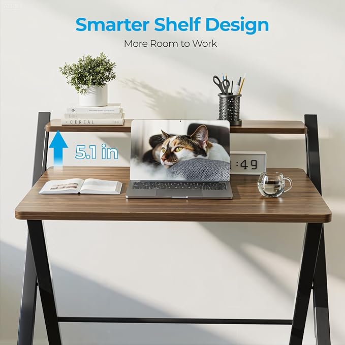 GreenForest No Assembly Folding Desk, 2-Tier Compact Computer Desk with Shelf, Space Saving Foldable Table for Home Office, Dorm or Apartment, Portable Collapsible Sturdy Laptop Desk, Espresso