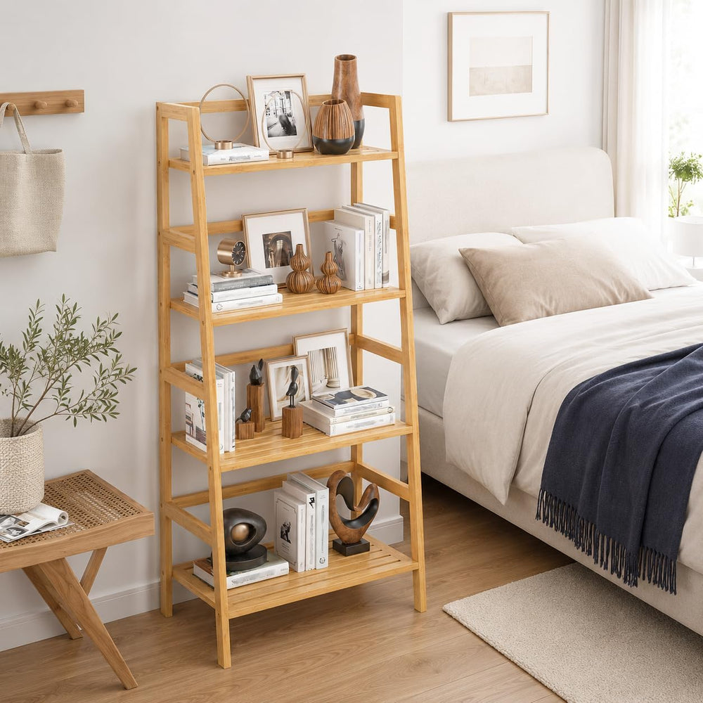Bamboo Ladder Shelf, 4-Tier Wooden Ladder Bookshelf & Bookcase Organizer