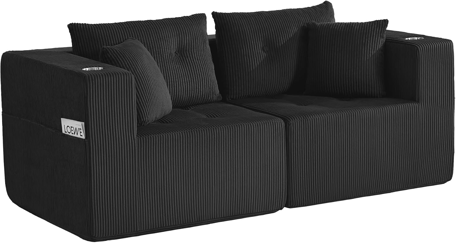 73" Loveseat Modular Sectional Sofa, Oversized 2-Seater Boneless Tufted Cloud Couch with Cup Holder, Corduroy Upholstery Small Couches for Living Room, No Assembly Black