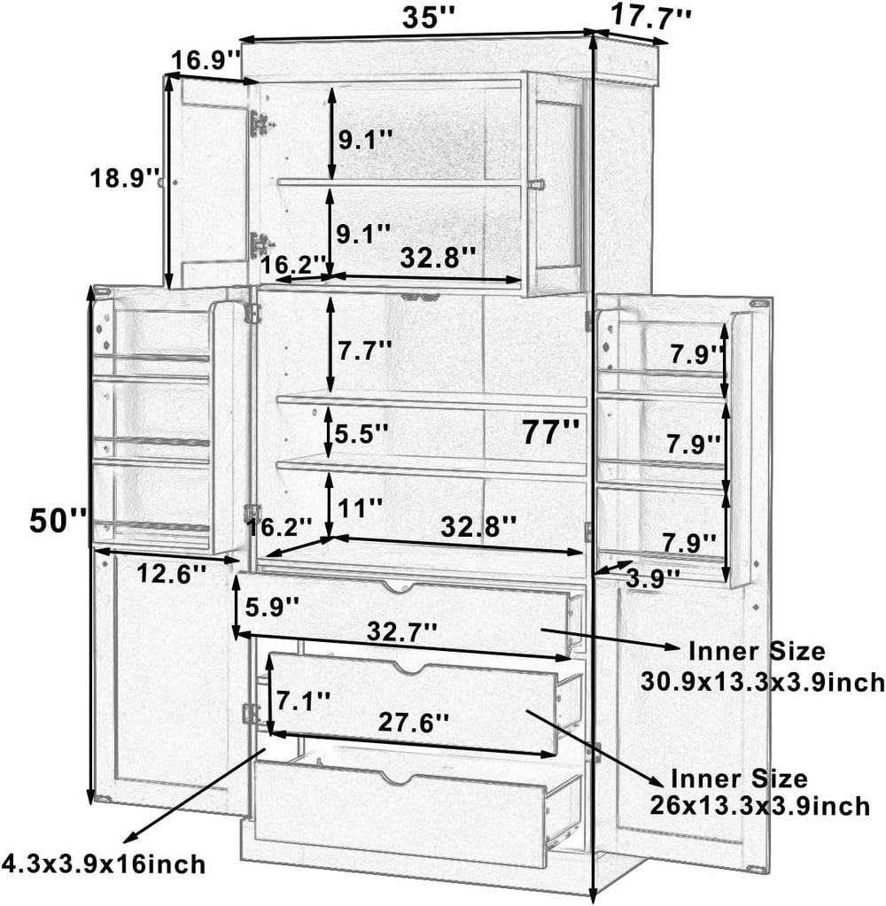 Large Freestanding Kitchen Pantry Cabinet, Cupboard Storage Cabinet with Adju...