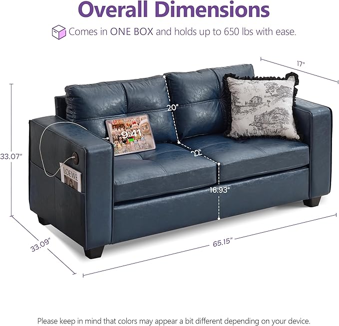 TYBOATLE 65" Blue Faux Leather Loveseat for Bedroom, Mid-Century Modern Tufted Comfy Loveseat w/USB Charging Ports and Wide Arms, 2 Seat Office Small Couch