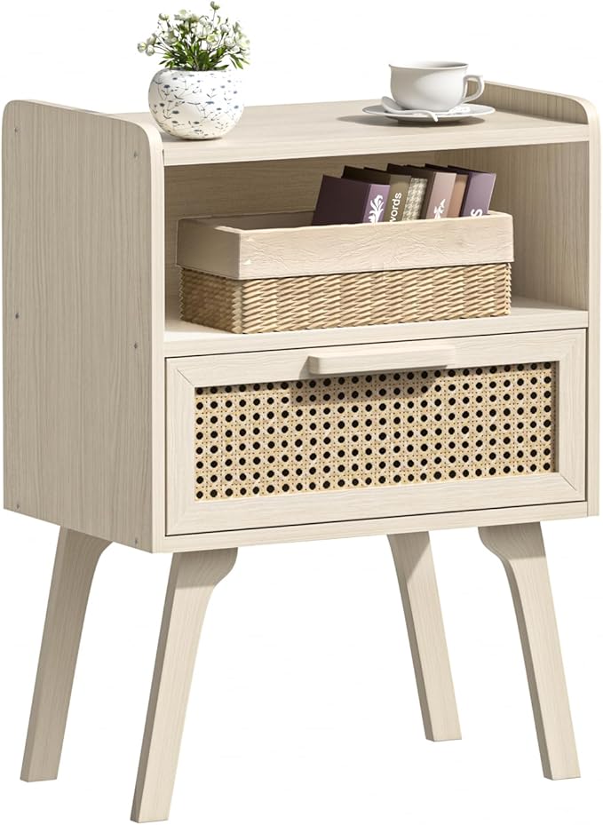 Lerliuo Rattan Nightstand, Side Table with Drawer Open Shelf, Cane Accent Bed...