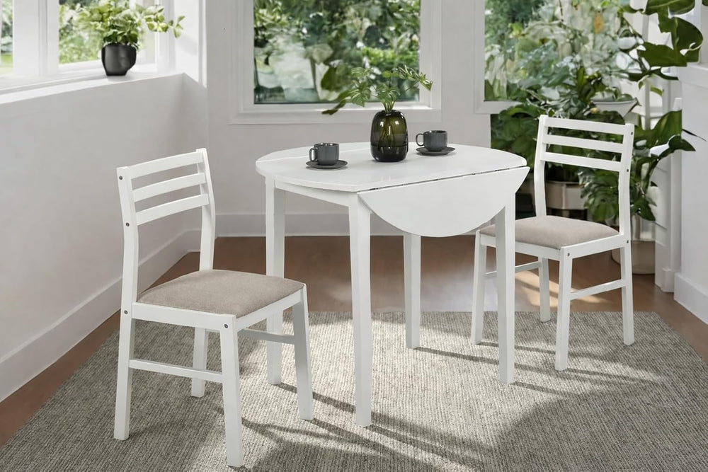 CARTESIAN 3 Piece Drop Leaf Dining Set, Round White Table with 2 Ladder Back ...