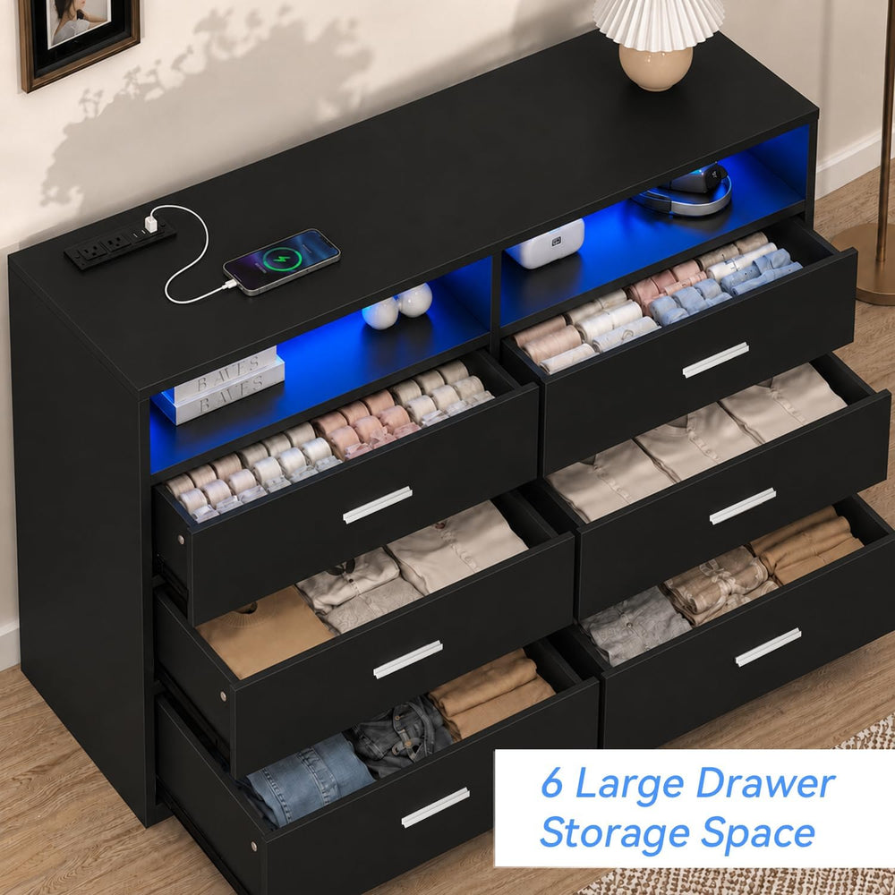 GEPELCN 6 Drawer Dresser with Power Outlets and LED Wooden Chest of Drawers w...