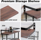 RICHER HOUSE 2+1 Tier Wall Mounted Floating Shelves Set of 2, Rustic Wood Shelf with Metal Frame, Extra Storage Rack for Bathroom, Kitchen, Bedroom with Tissue Rack & Towel Bar - Rustic Brown