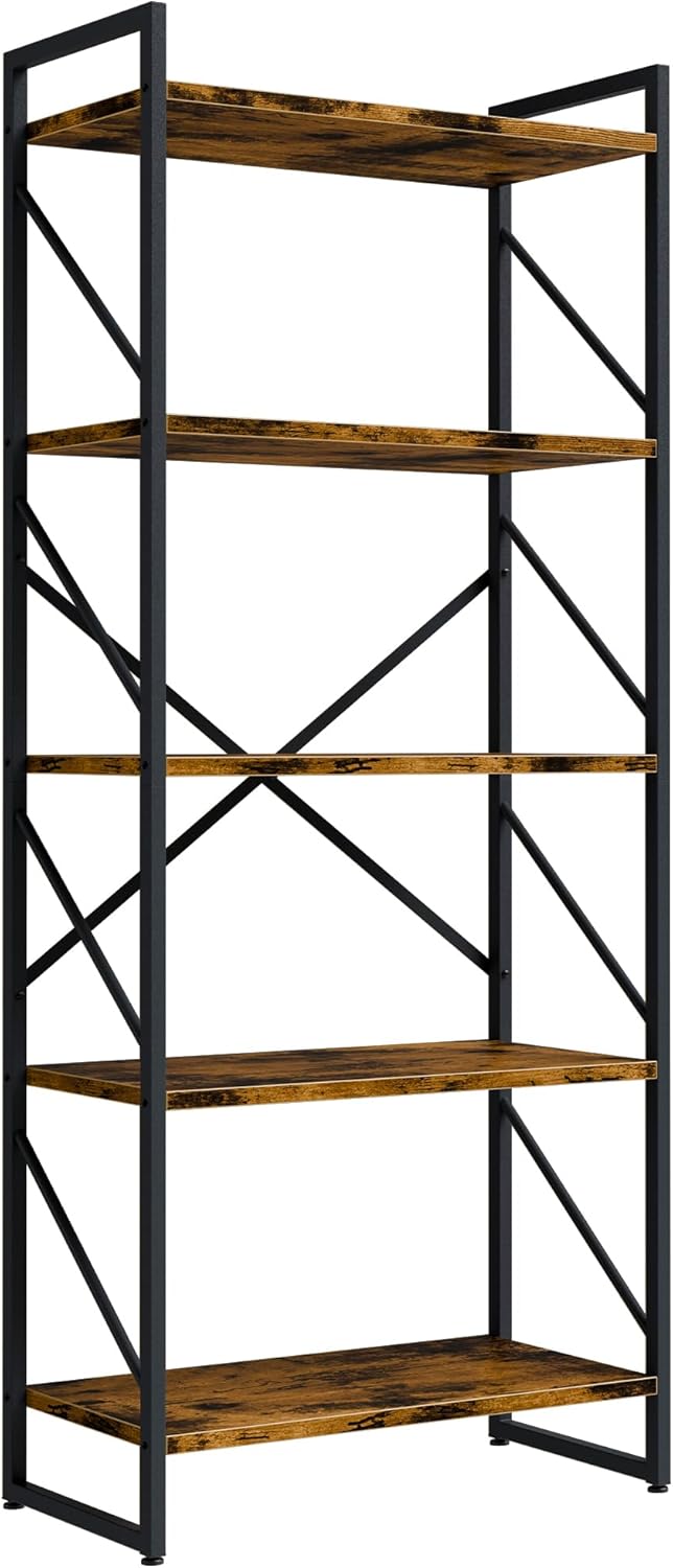 Shintenchi 5 Tiers Bookshelf, Classically Tall Bookcase Shelf, Industrial Book Rack, Modern Book Holder in Bedroom/Living Room/Home/Office, Storage Rack Shelves for Books/Movies-Rustic Brown