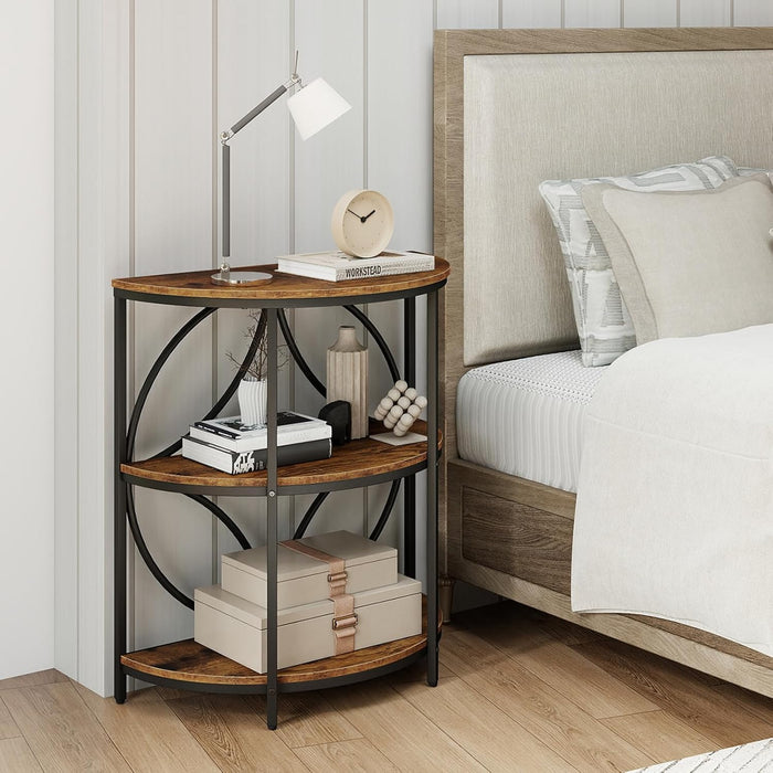 Giantex Half Round End Table - 3-Tier Narrow Sofa Side Table w/Study Metal Frame & Storage Shelves, Half Moon Circle Bedside Night Stand for Living Room Bedroom Small Spaces (Rustic Brown,1)