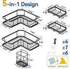 YASONIC Corner Shower Caddy, 5-Pack Adhesive Rustproof Stainless Steel Shower Organizer with Soap Holder, No Drilling Shower Shelf for Inside Shower, Dorm, Renters, Black