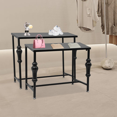 2Pcs Retail Display Tables, Shoe Handbag Display Stand Nesting Tables Set Heavy Duty Purse Display Risers for Home Boutique Retail Store (Black)