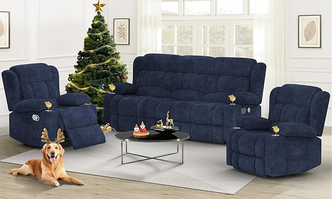 Loveseat Recliner Sofa Set, Flip Middle Backrest Design 3 Seater Reclining Sofa and 2PC Single Oversized Recliner Chair, Manual Couches for Living Room/RV (Blue, 3+1+1)