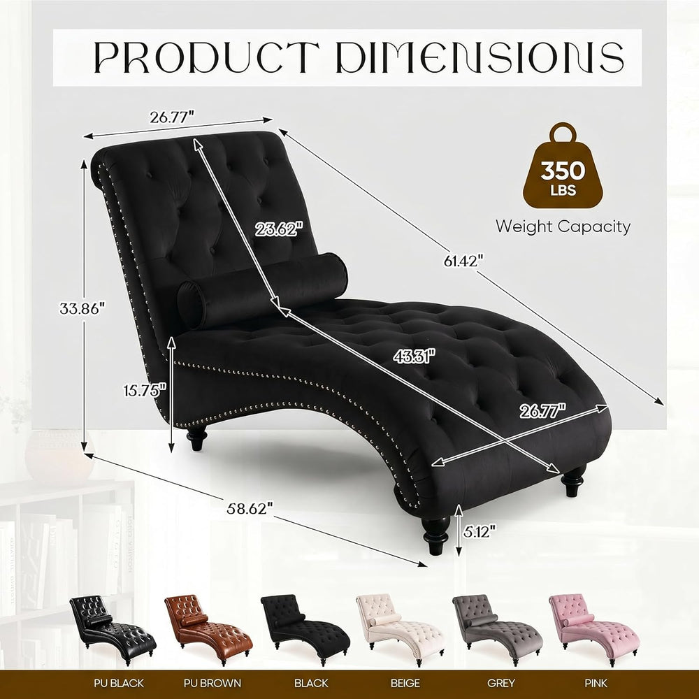 Black Velvet Chaise Lounge Indoor with Toss Pillow, Modern Pink Chaise Lounge...