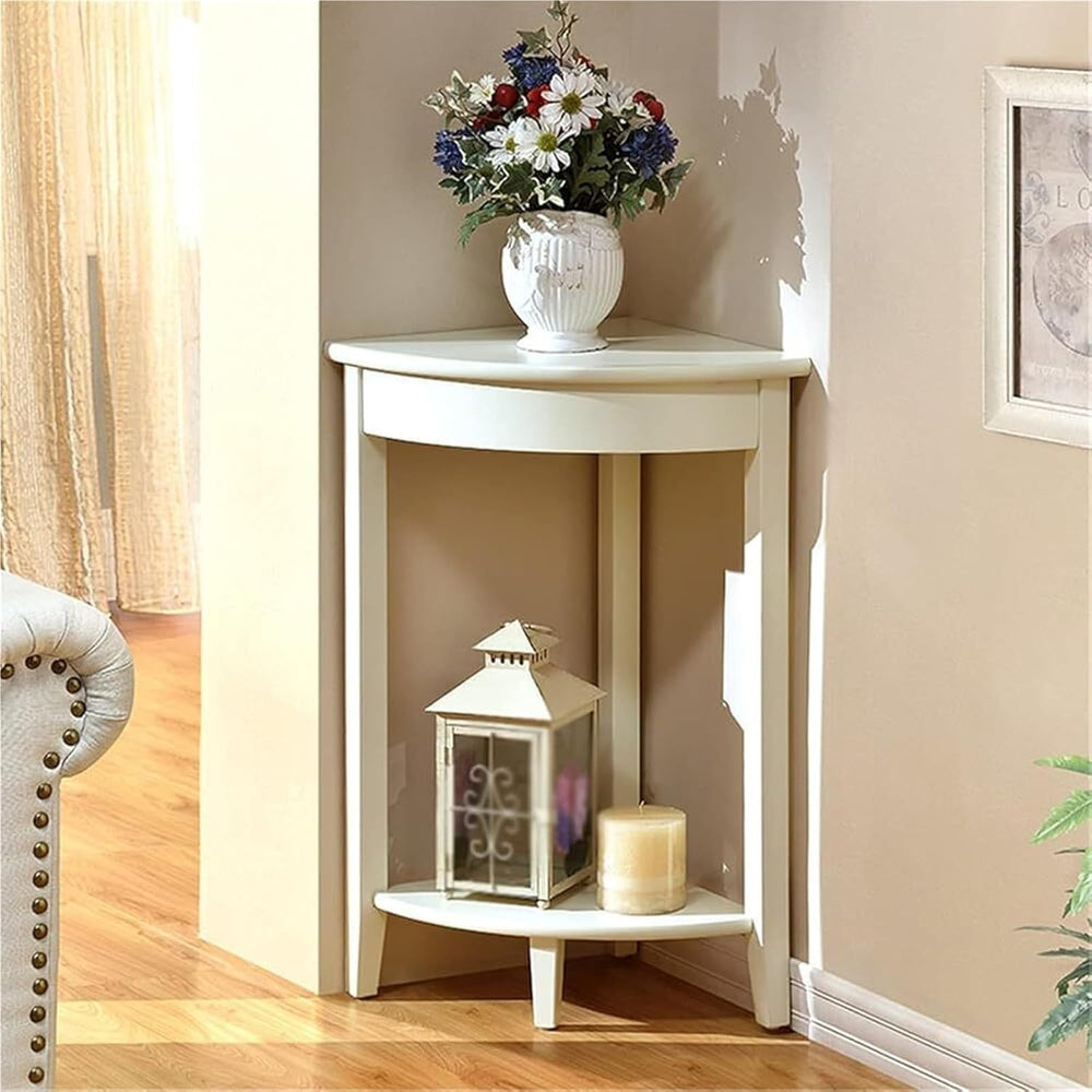Solid Wood Corner Wedge Table, Triangle Corner Side Table with 2 Shelves, Spa...