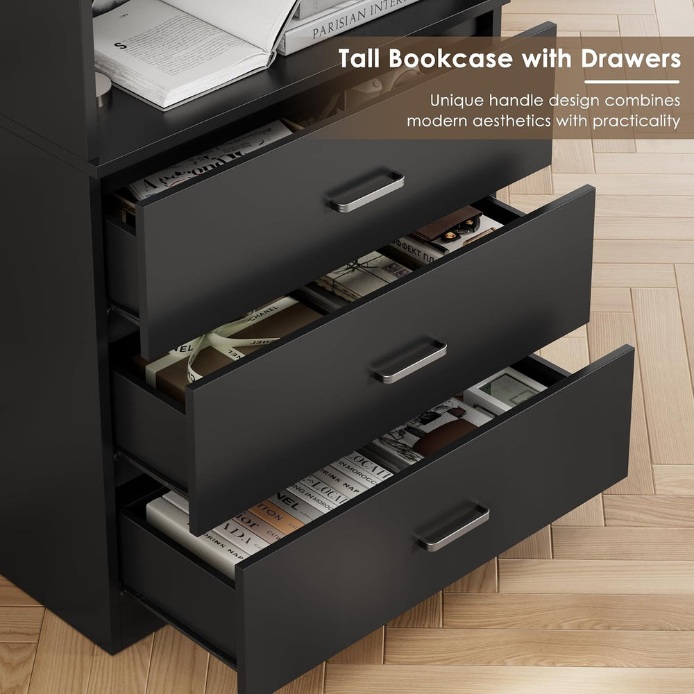 FOTOSOK 71" Black Bookshelf with 3 Drawers, Tall Bookshelf and Bookcase