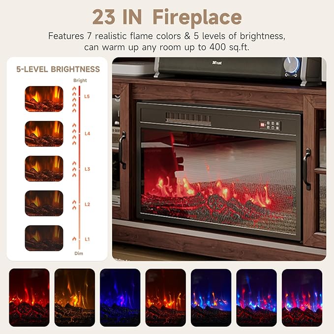 58" Farmhouse TV Stand with 23" Fireplace for TVs up to 80", Media Entertainment Center with Adjustable Shelves and Large Storage Cabinets, for Living Room, Brown & Black