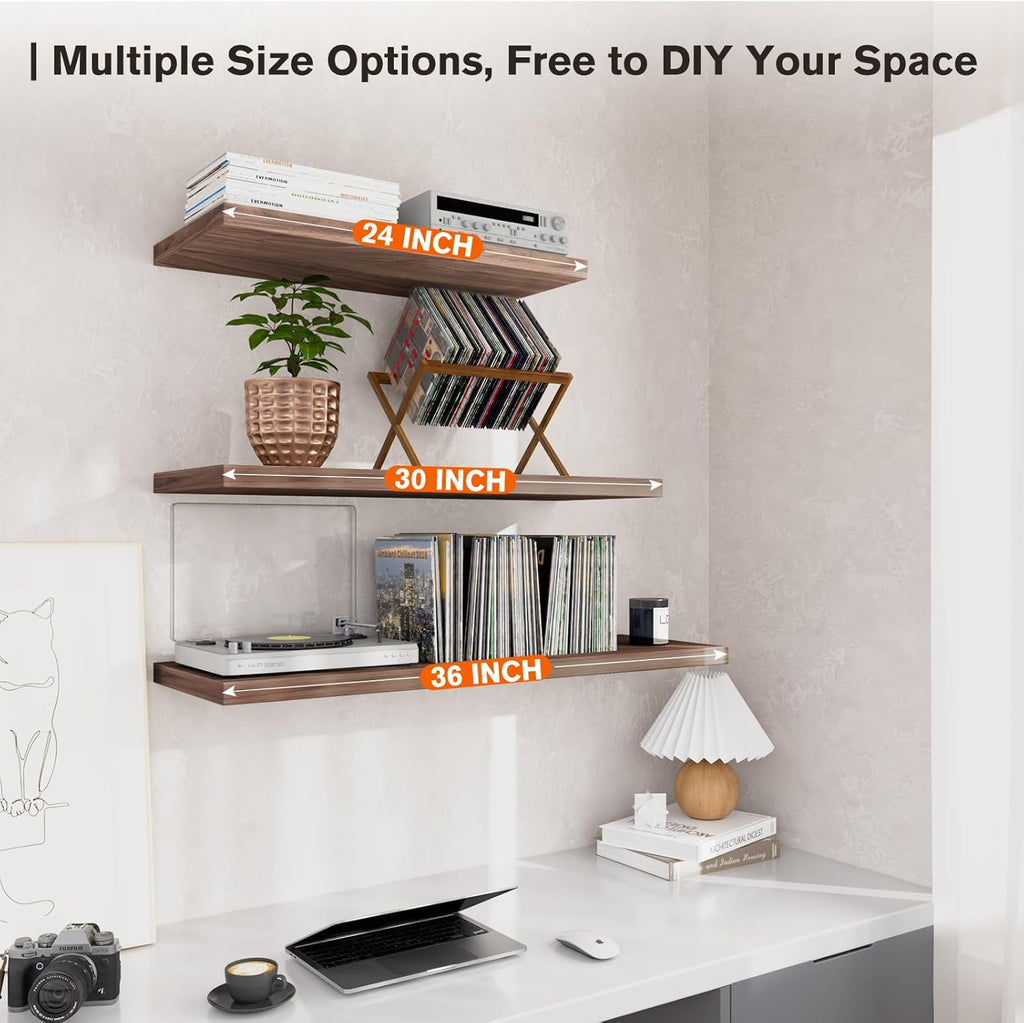 Wall Shelf Set of 3, Walnut Floating Shelves 36 in W x 10 in D x 1 in H, Wooden Floating Wall Shelf with Invisible Brackets for Living Room/Bedroom/Bathroom/Kitchen Storage and Decor