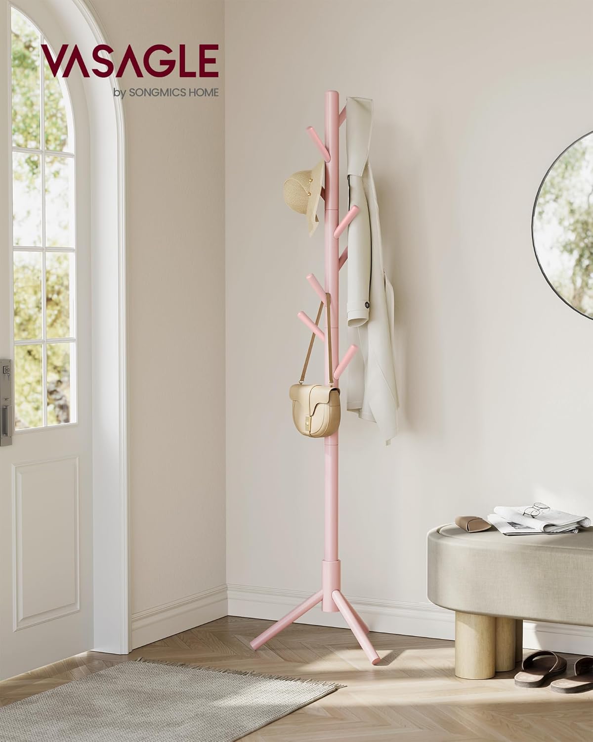 VASAGLE Solid Wood Coat Rack, Free Standing Tree-Shaped Coat Rack with 8 Hooks, 3 Height Options, for Clothes, Hats, Bags, Living Room, Bedroom, Home Office, Jelly Pink URCR004R01