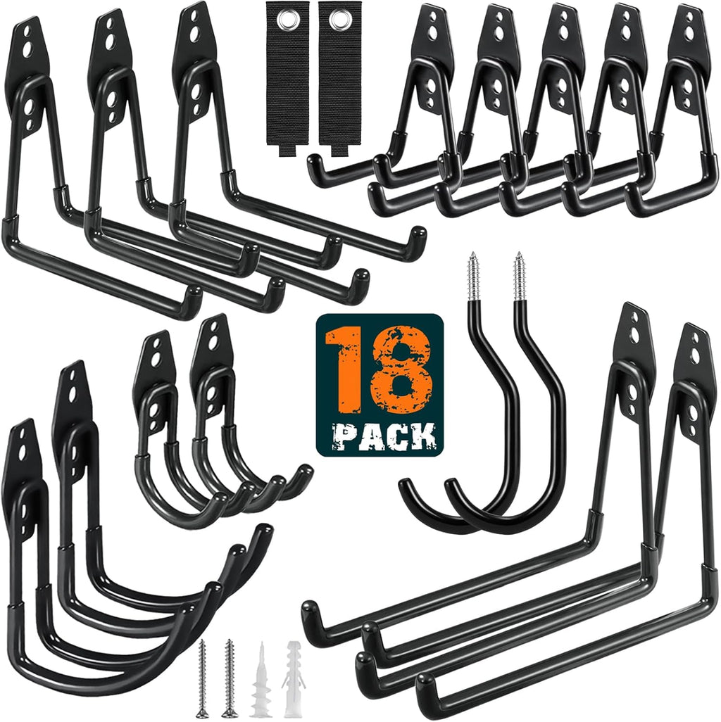 18 Pack Garage Hooks Heavy Duty Utility Steel with Anti-Slip Coating Wall Mount Storage Organizer for Hanging Power and Garden Tools, Ladders, Hose, Bikes, Ropes, Bulk Items, and More