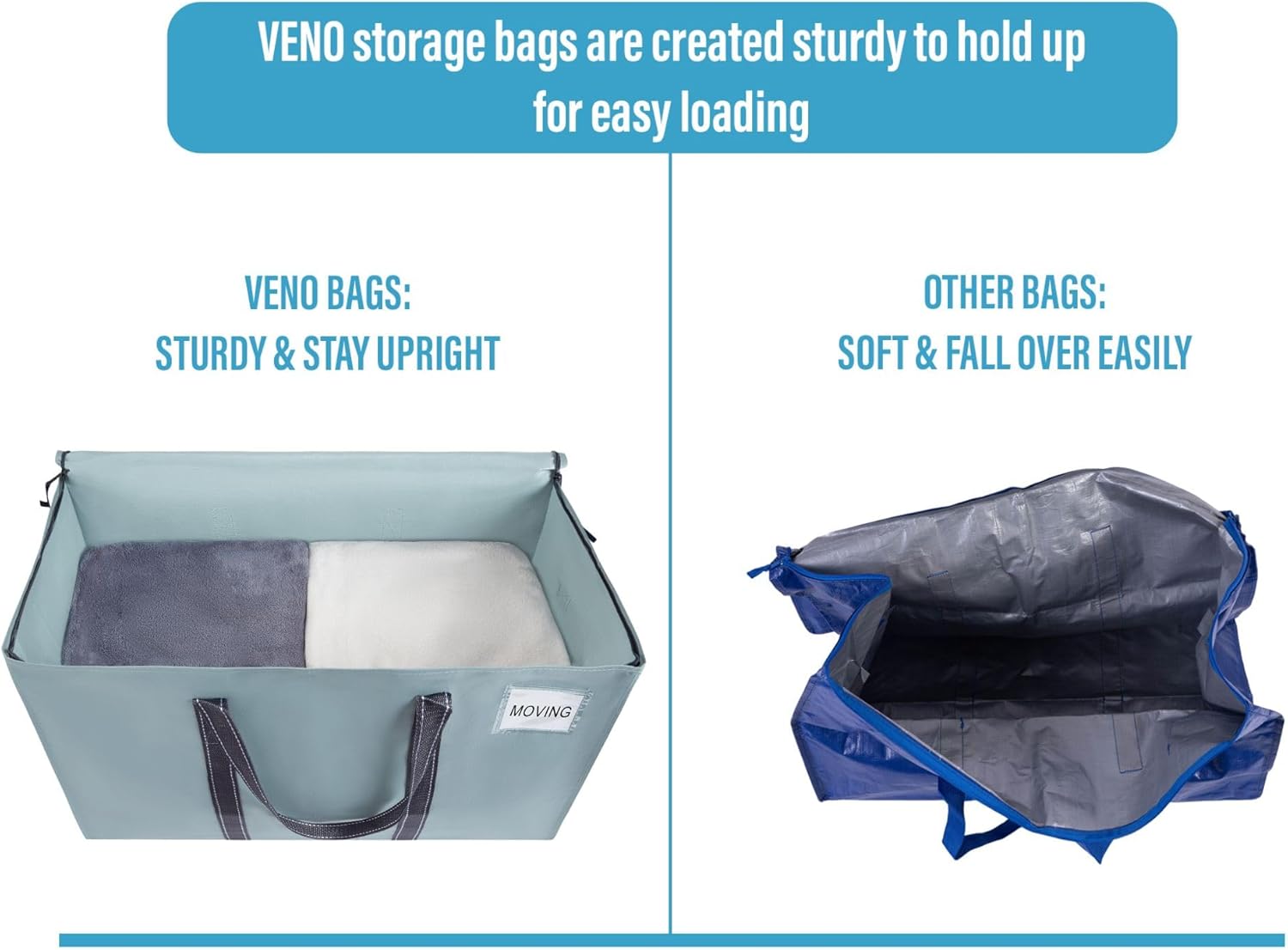 VENO 4 Pack Moving Bags and Large Christmas Storage Bins with lids. Alternative to Moving Boxes, Packing Supplies for College. Extra Large Heavy Duty Totes for Packaging (Light Blue Matte, 4 Pack)