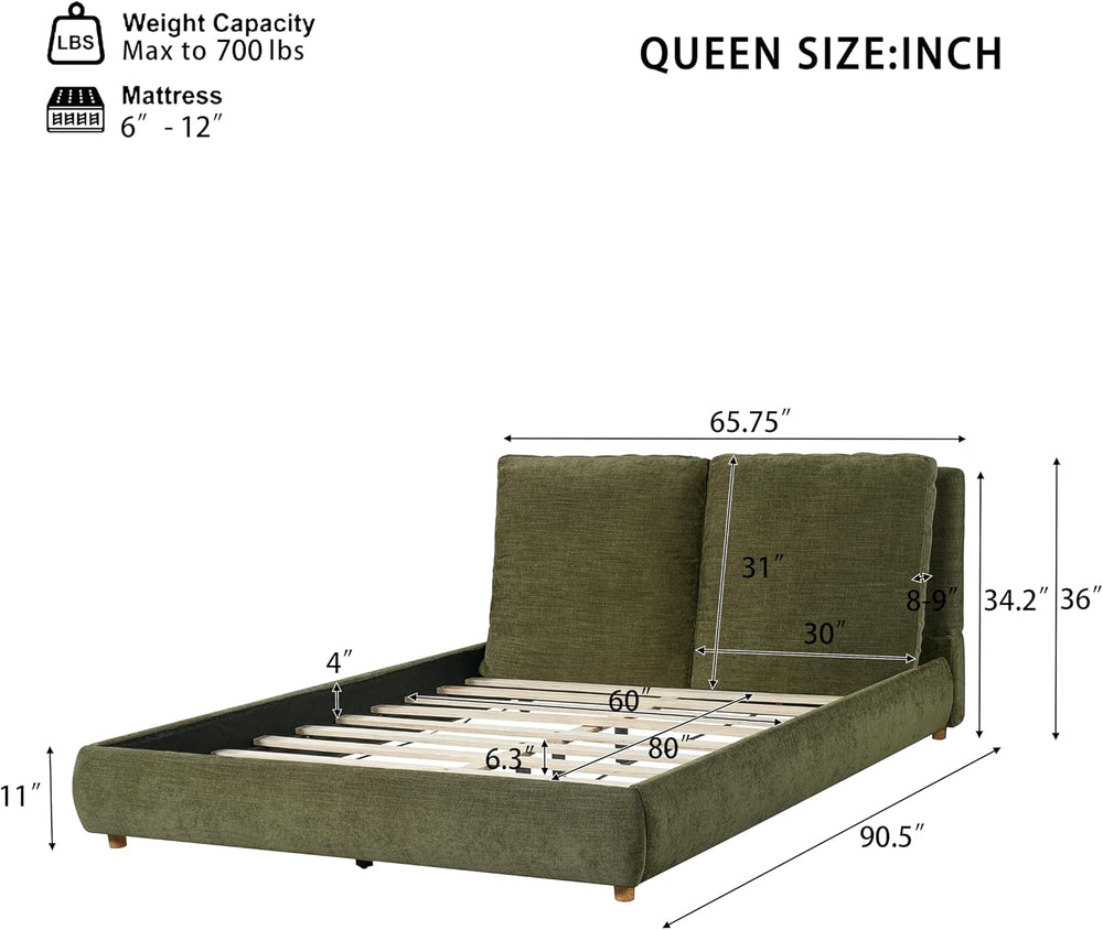 Merax Queen Linen Blend Platform Bed with 2 Headboard Pillows, Olive Green
