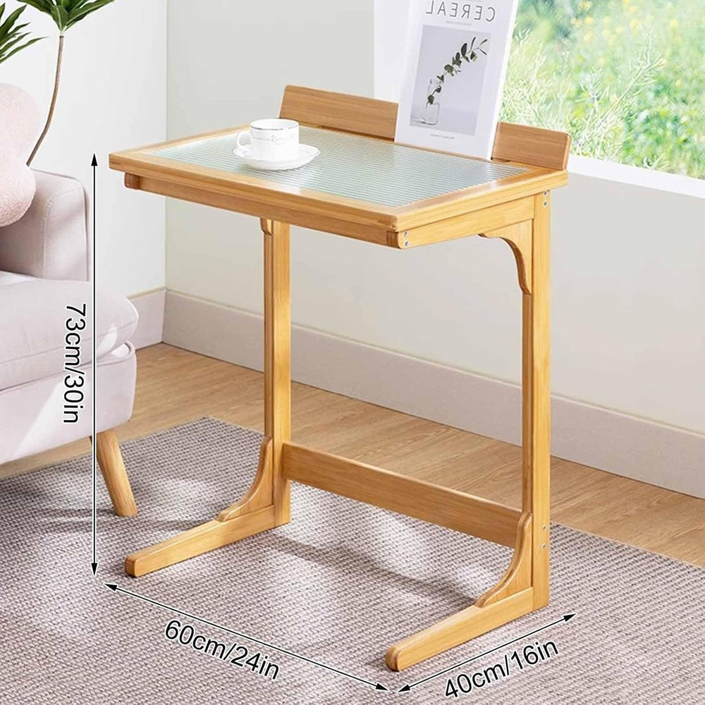 C Shaped End Table with Glass Top, Bamboo Sofa Side Table, Laptop Desk, Snack...