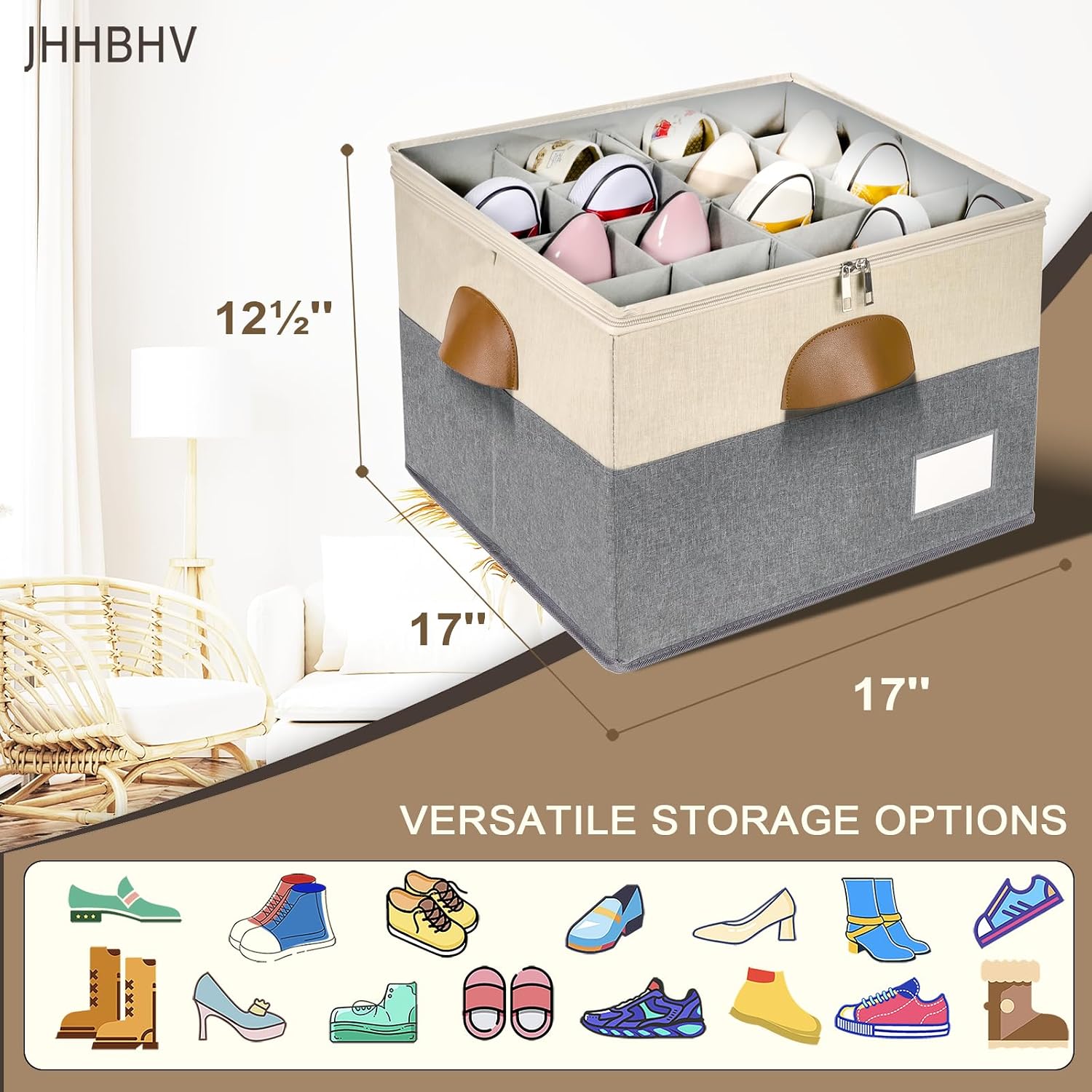 2 Pack Shoe Organizer for Closet with Adjustable Divider Shoe Storage Box | Fits 16-32 Pairs Stackable Foldable Shoe Bin with Clear Cover for Sneaker Boot Heel Sandal Dorm Space Saving Beige and Grey