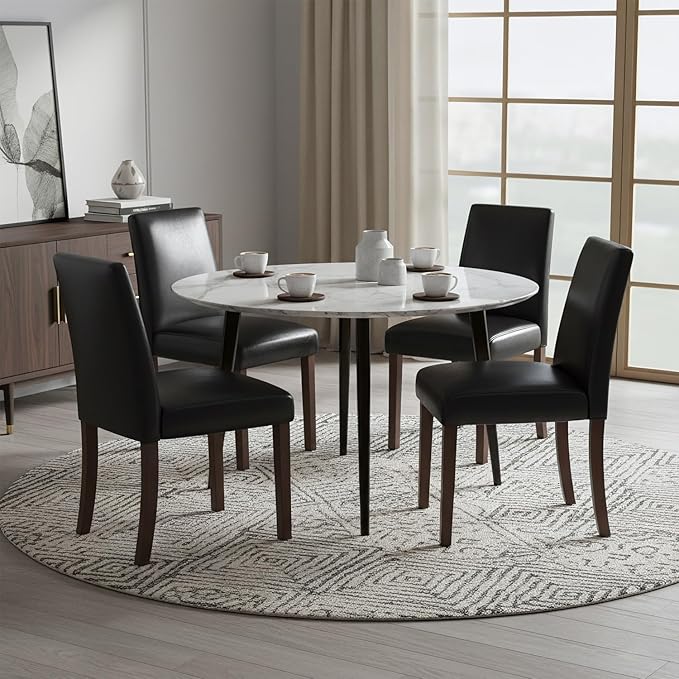 Dining Chairs Set of 4, Modern Dining Room Chairs with Wooden Legs, Faux Leather Upholstered Kitchen Farmhouse Parsons Chairs for Restaurant & Cafe- Black