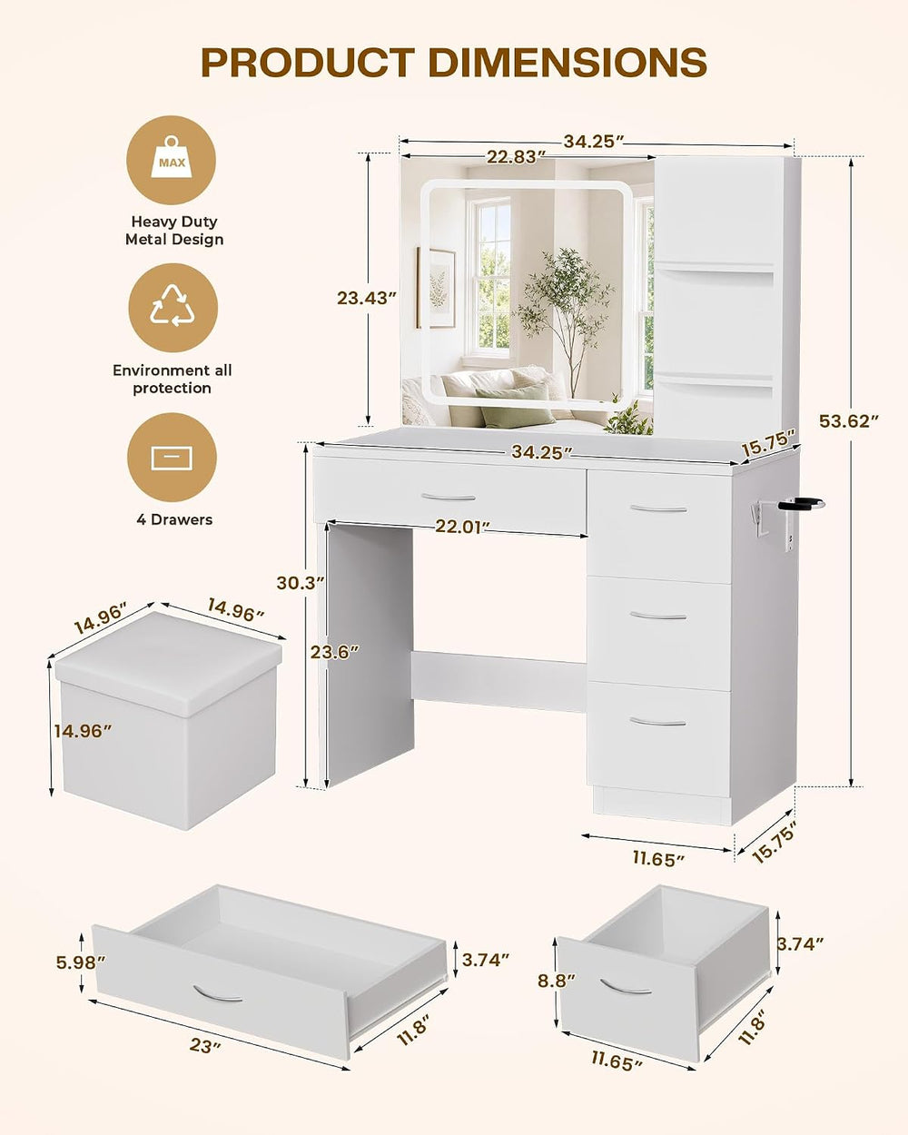 LIVELYGLOW White Makeup Vanity Desk with Charging Station & 4 Drawers