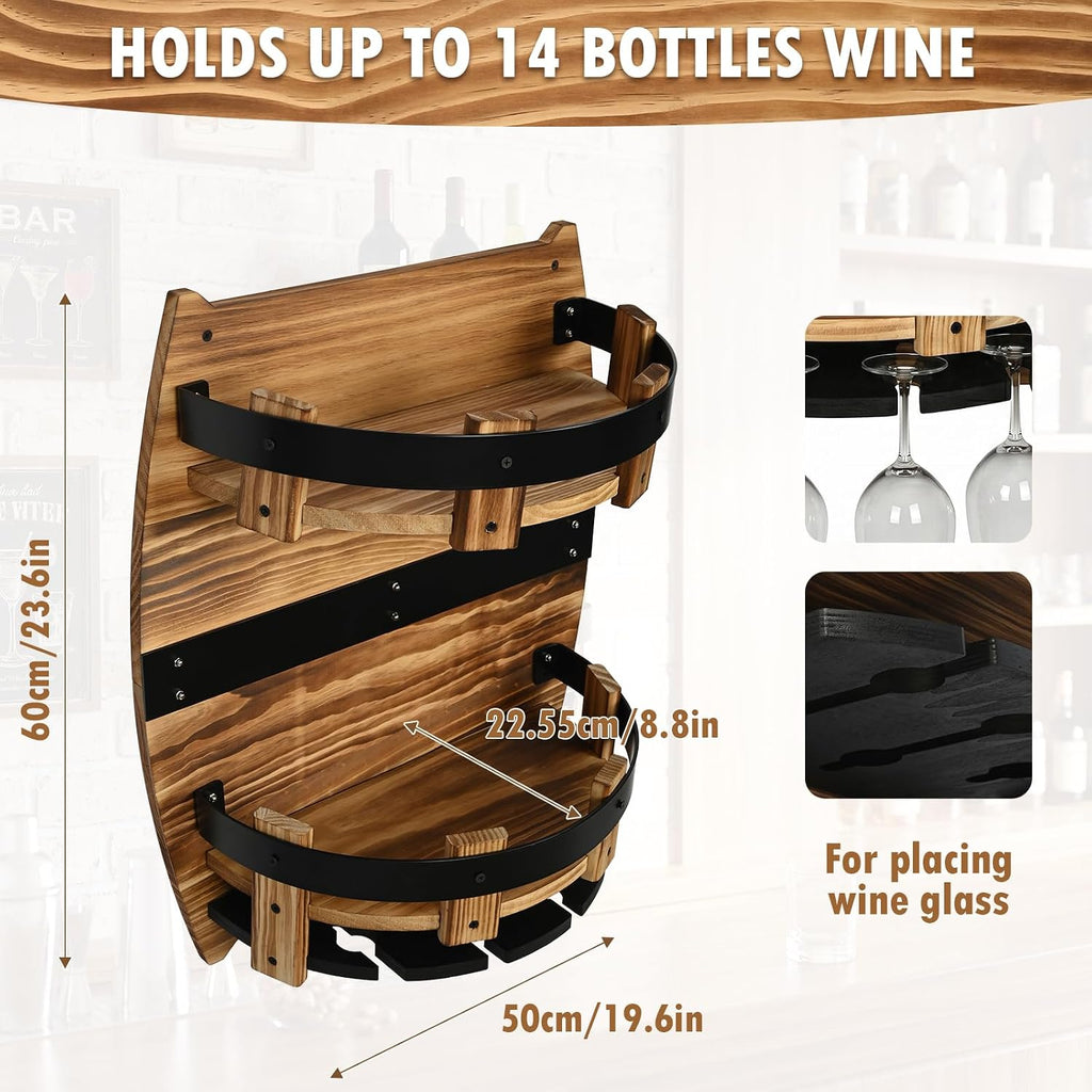 Whiskey Barrel Wall Shelf, Wooden Bourbon Bottle Display Rack | Vintage Handcrafted Wooden Liquor Storage Shelf for Home Bar, Kitchen, Man Cave and Farmhouse Decor