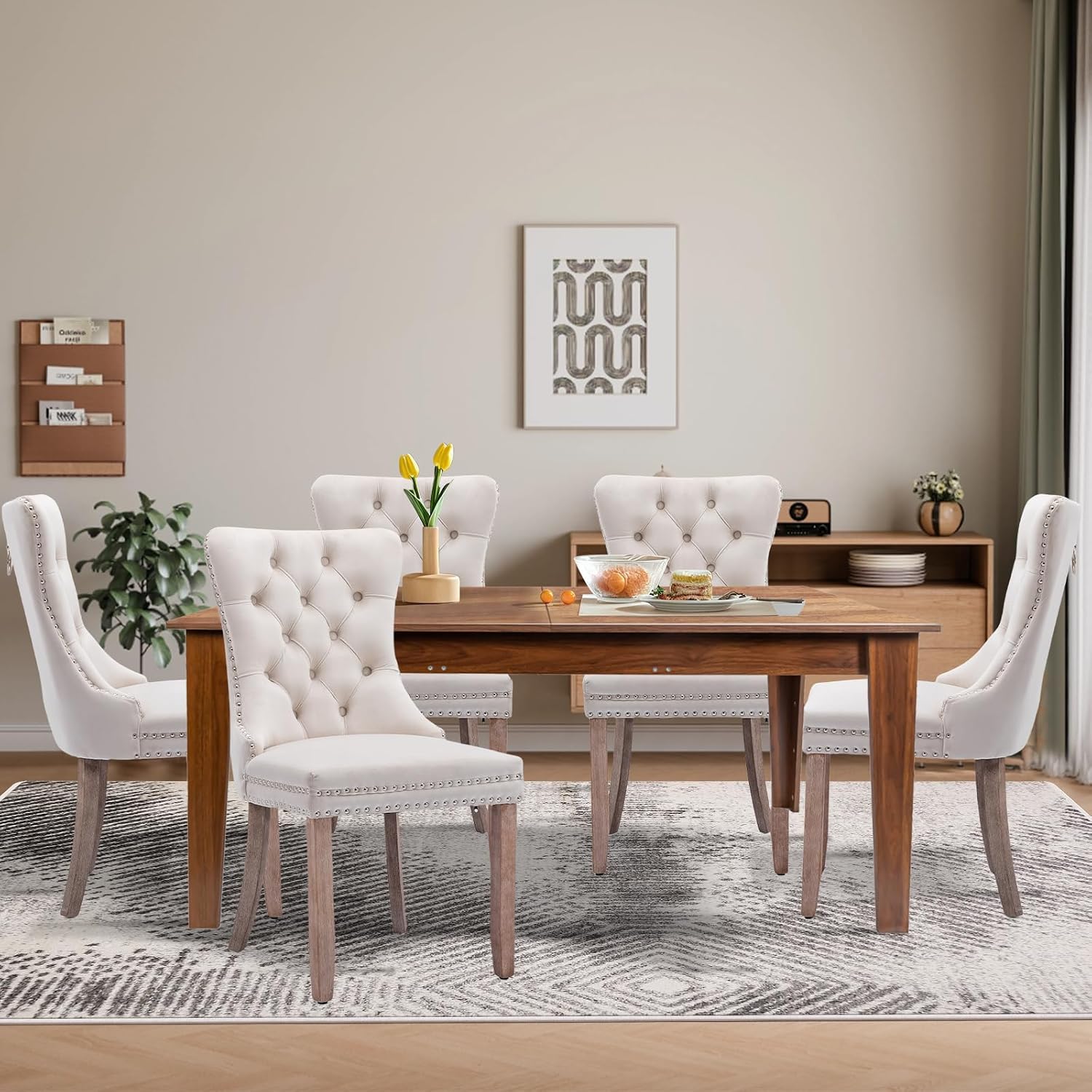 5 Piece Extendable Dining Table Set for 4-8 Person, Wooden Dining Room Table with 4 Chairs for Gatherings, Meeting for Small Kitchens, Dining Office Areas(Beige/Brown)