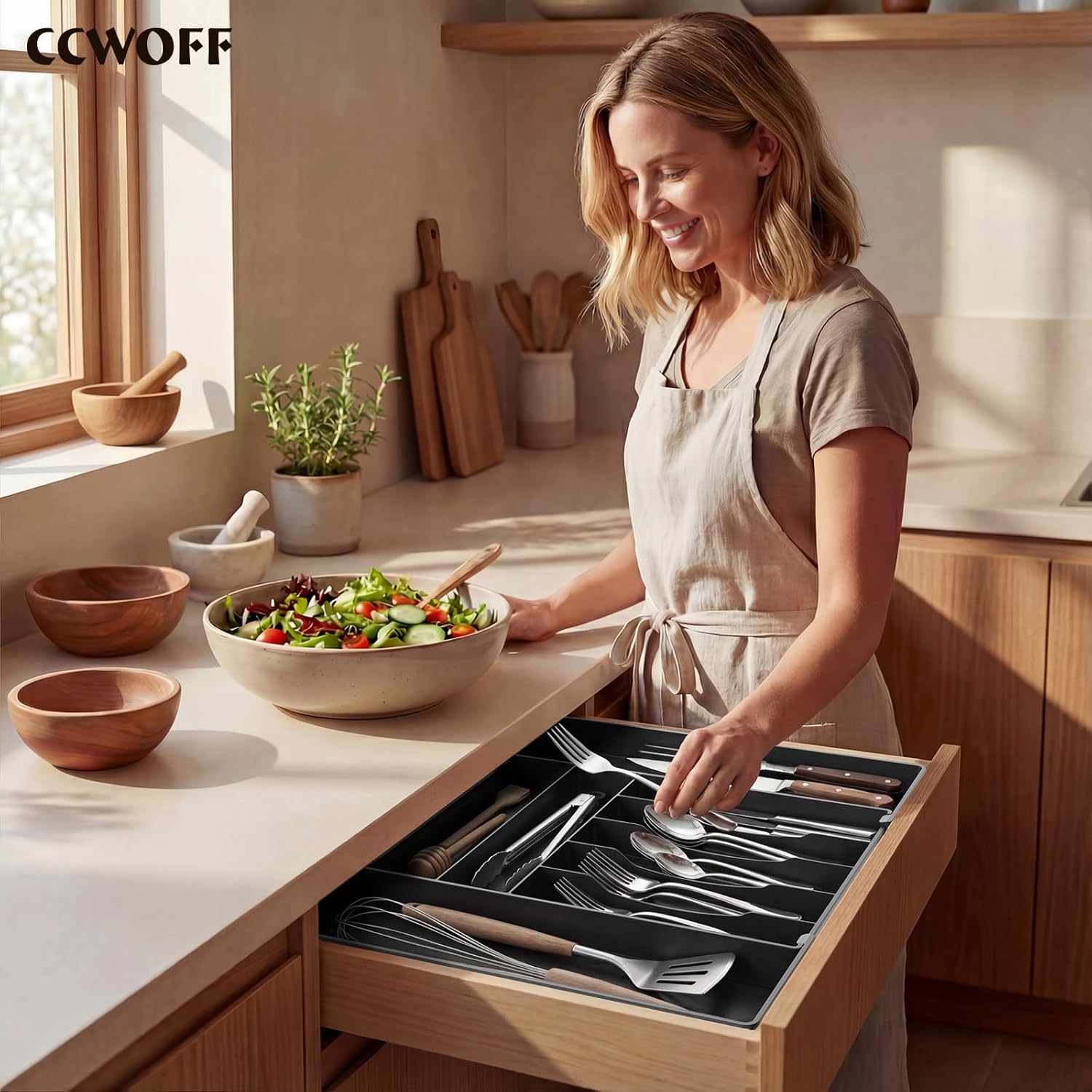 Silverware Drawer Organizer, 9 Slots Expandable Kitchen Drawer Organizer | Extra Large Utensil Holder & Cutlery Tray, Heavy Duty Stainless Steel Frame Flatware Organizer, Non-Slip Feet Included, Black