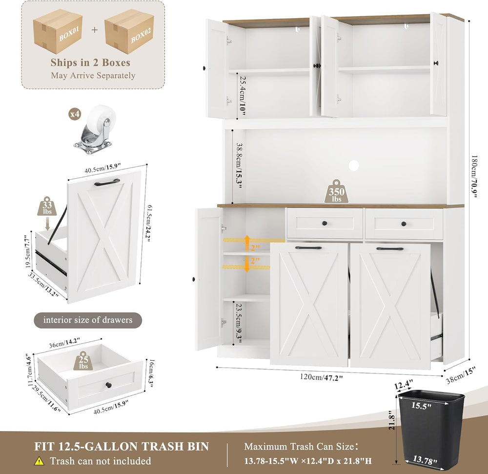 HOSTACK 71" Kitchen Pantry with 12.5 Gallon Double Trash Can Cabinet, Wh...