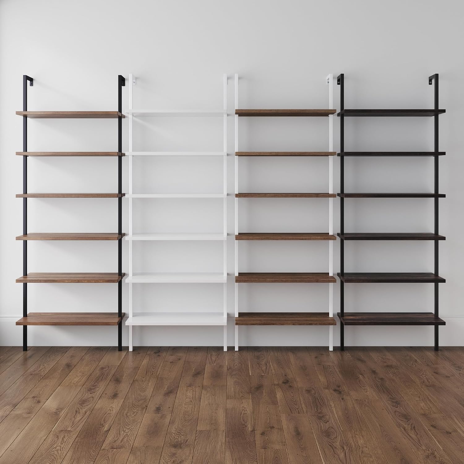 Nathan James Theo 6-Shelf Tall Bookcase, Wall Mount Bookshelf with Natural Wood Finish and Industrial Metal Frame, Nutmeg/Matte Black, Set of 2