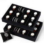 2 Pieces Velvet Watch Tray, 12 Grid Jewelry Organizer, Stackable Watch Bracelet Bangle Display Holder, Stackable Jewelry Tray, Adjustable Pillow, Stylish and Organized Multifunctional Tray(Black)