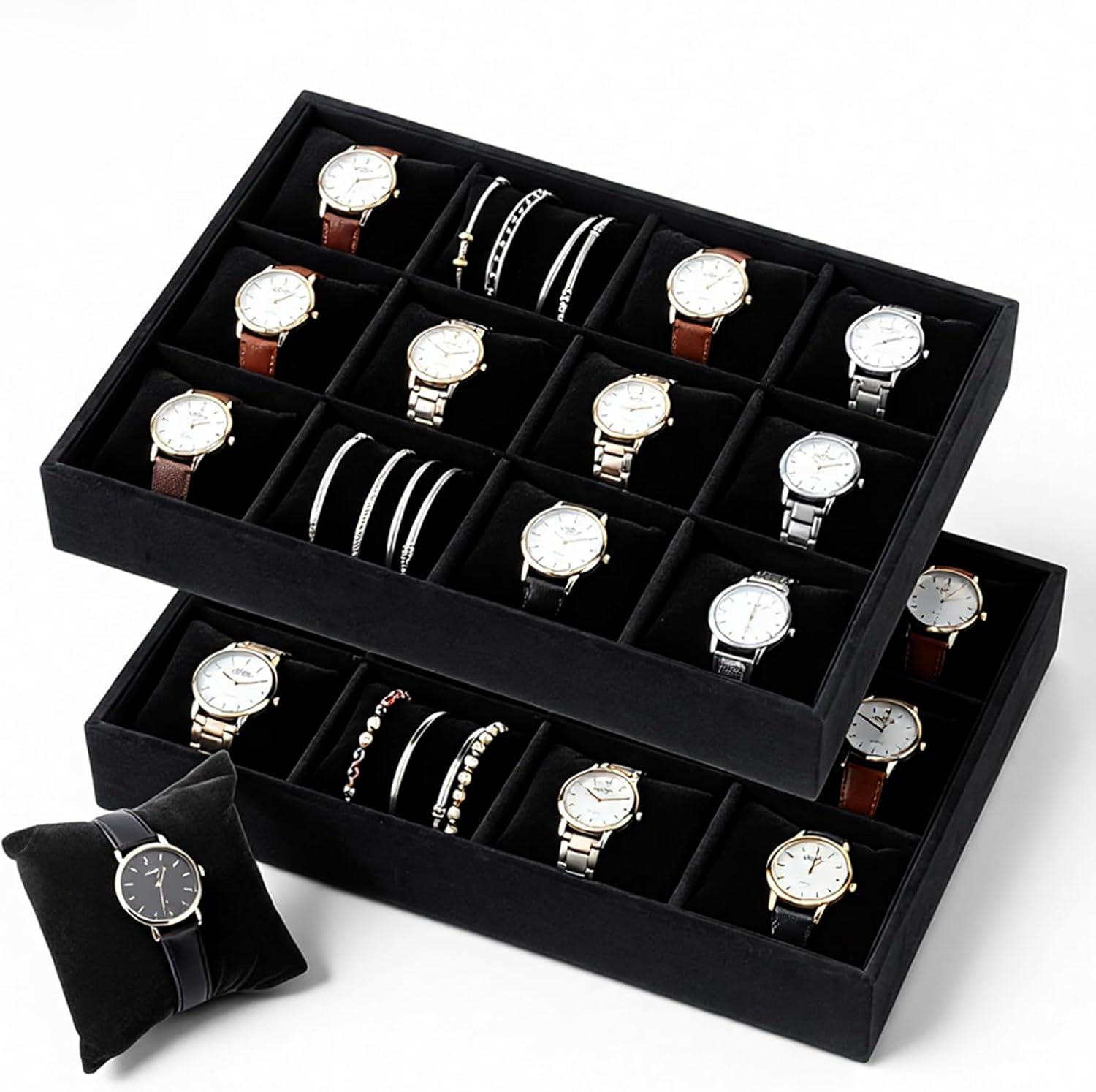 2 Pieces Velvet Watch Tray, 12 Grid Jewelry Organizer, Stackable Watch Bracelet Bangle Display Holder, Stackable Jewelry Tray, Adjustable Pillow, Stylish and Organized Multifunctional Tray(Black)
