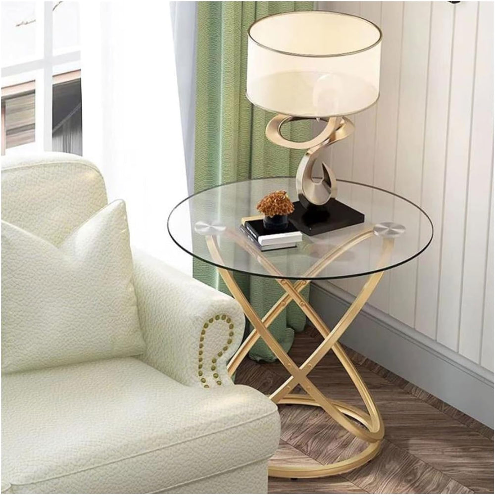 End Table Round Side Table, Glass End with Metal Frame, Small Coffee with Mod...