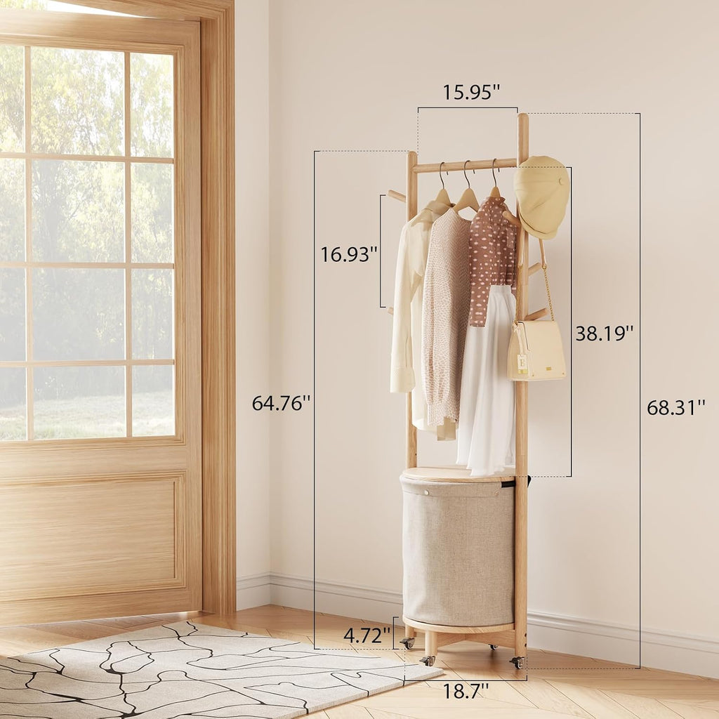 CycleCrew Solid Wood Coat Rack with Fabric Basket - Freestanding Coat Rack Rolling Coat Tree with 9 Hooks Wheels, Small Clothes Rack For Entryway Bedroom Hallway Living Room