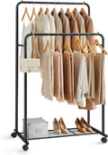 SONGMICS Double Rods Clothes Rack with Wheels, Clothing Rack for Hanging Clothes, Heavy Duty Garment Rack with Mesh Storage Shelf, 2 Brakes, Each Top Rail Holds up to 77 lb, Black UHSR26BKV1