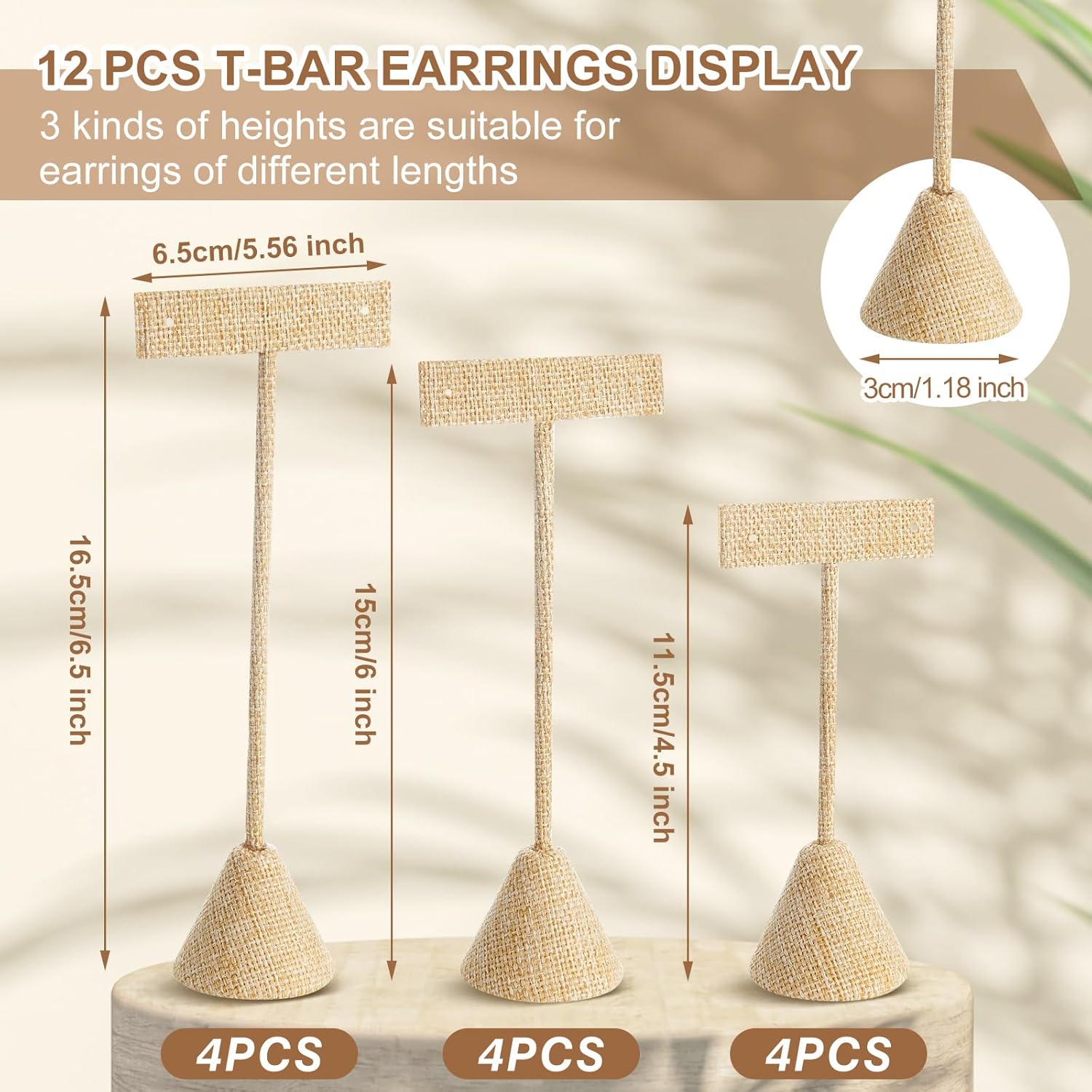 Marsui 12 Pcs Earring Display Set Earring T Bar Display Earring Holders with 3 Heights Earrings Display Stand for Jewelry(Linen Color)