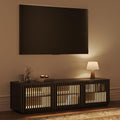 POVISON Mid Century Modern Wood Slatted TV Stand with LED Lights, Media Console for 55+ Inch TV, Entertainment Center with Storage Cabinet for Living Room, Fully-Assembled (Black, 59.06")