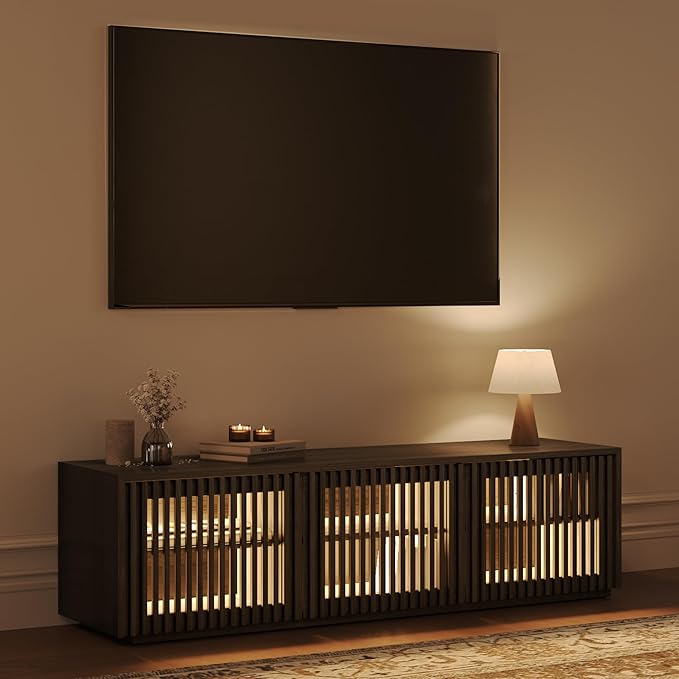 POVISON Mid Century Modern Wood Slatted TV Stand with LED Lights, Media Console for 55+ Inch TV, Entertainment Center with Storage Cabinet for Living Room, Fully-Assembled (Black, 59.06")