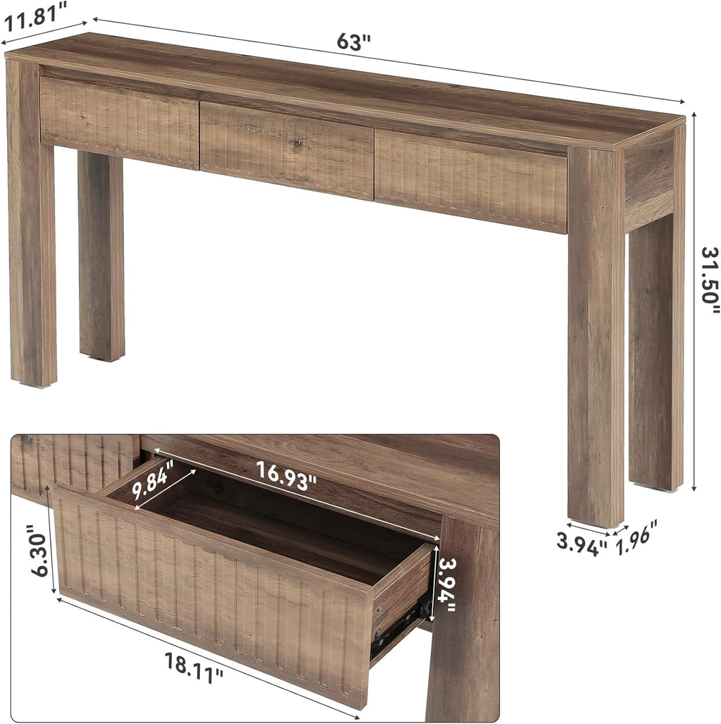 LITTLE TREE 63 Inches Long Console Table with 3 Drawers, Brown Sofa Table Behind Couch for Living Room, Wooden Hallway Foyer Entry Table for Entrance