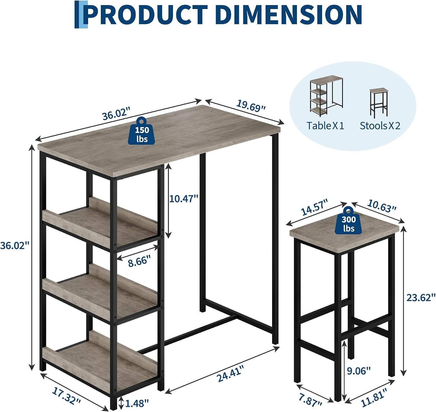 GarveeHome Dining Table Set for 2, Wood Table with Bar Stools | Kitchen Table with Storage Shelves for Small Spaces, Apartments, Condos, Grey