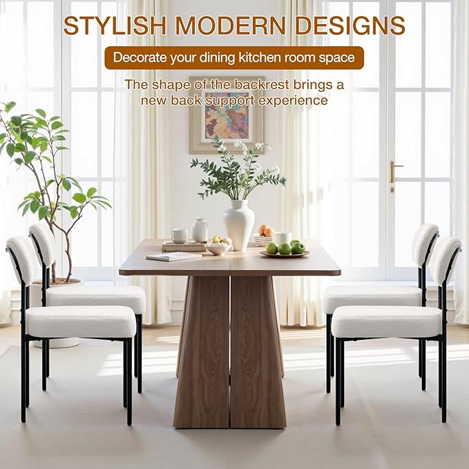 HOMMPA Dining Chairs Set of 4 Boucle Upholstered Kitchen Chairs with Curved Backrest Modern Dinner Chair with Metal Legs for Dining Room Living Room Vanity White