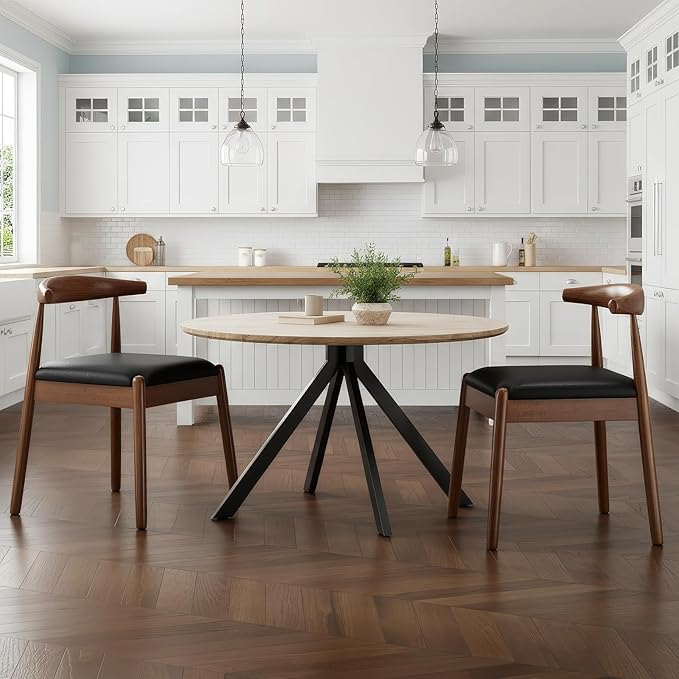 Farini Mid Century Modern Dining Chairs Set of 2, Solid Wood Frame Kitchen Chairs with PU Leather Upholstered Seat for Dining Room & Breakfast Nook，Walnut-Black