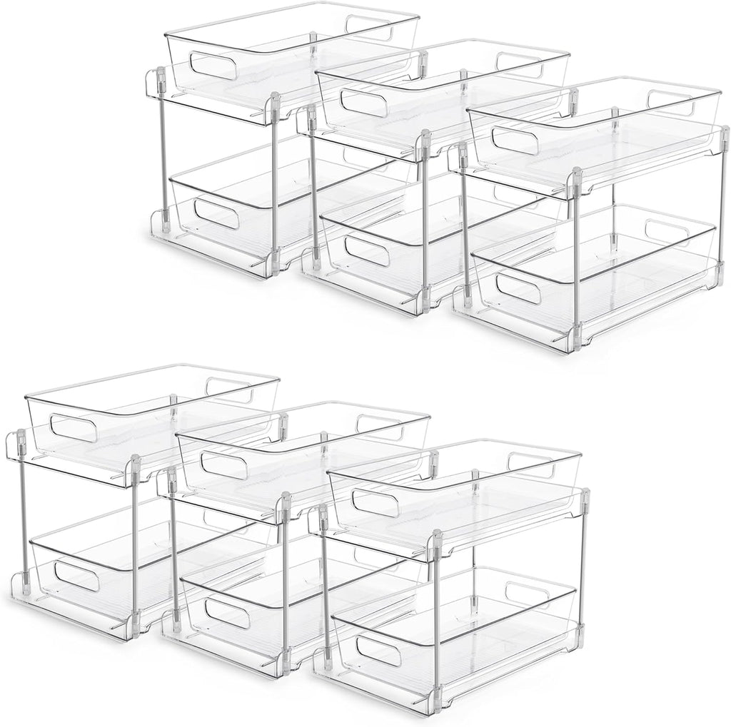 Vtopmart 6 Pack Bathroom Organizer, 2 Tier Clear Under Sink Organizers Vanity Countertop Storage Container,Cabinet Drawers Bins, Pull-Out Organization with Track for Pantry, Kitchen