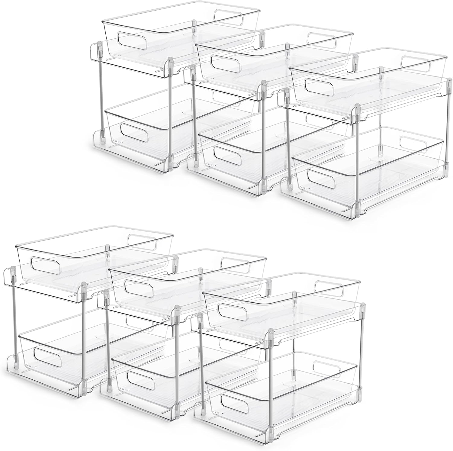 Vtopmart 6 Pack Bathroom Organizer, 2 Tier Clear Under Sink Organizers Vanity Countertop Storage Container,Cabinet Drawers Bins, Pull-Out Organization with Track for Pantry, Kitchen