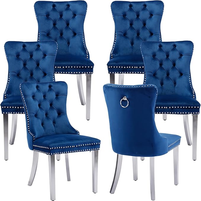 Mid Century Modern Dining Chairs Set of 6, Blue Velvet Upholstered Tufted Back, Kitchen & Dining Room Chairs, Brushed Silver Metal Legs, Nailhead Trim, Sillas para Comedor (Blue, 6 Pcs)