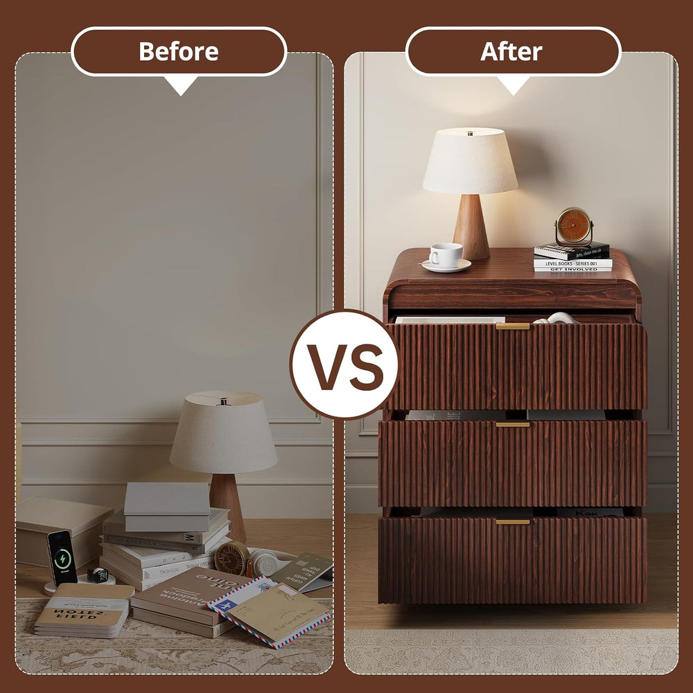 FURSUN 32" Tall Fluted Nightstand Set of 2, 3 Drawers Wooden End Table w...